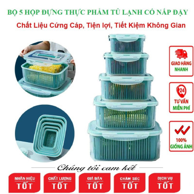 BỘ 5 HỘP ĐỰNG ĐỒ, THỰC PHẨM TỦ LẠNH 2 NGĂN CÓ NẮP ĐẬY CAO CẤP