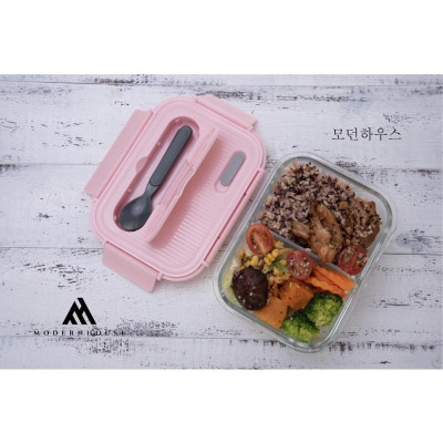 Hộp thủy tinh đựng thức ăn hình chữ nhật 2 ngăn, có nắp nhựa PP gồm nĩa và muỗng nhựa - Hàng chính hãng