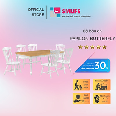 Bộ bàn ăn thông minh kéo dài 6 ghế gỗ sồi tân cổ điển SMLIFE Papilon Butterfly | D152 x R107 x x C76cm | tăng giảm độ dài bàn