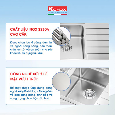 Chậu rửa bát Konox, European Series, Model Premium KS11650 2B , Inox 304AISI tiêu chuẩn châu Âu, 1160x500x215(mm), Hàng chính hãng