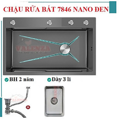 Bồn chậu rửa chén bát 1 hố lớn 78x46cm sus304 nano đen Valenza dày 3,5li kèm chậu phụ inox, bộ xả to ngăn mùi-Hàng chính hãng