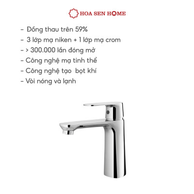 Vòi lavabo nóng lạnh TUSLO F006 Luxury chất liệu đồng nguyên chất, mạ Crom-Niken, công nghệ tạo bọt khí hiện đại - Hoa Sen Home - Hàng chính hãng