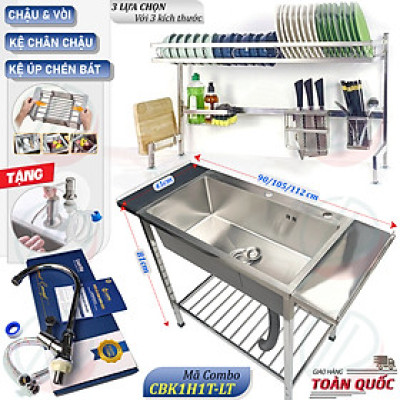 COMBO Chậu Rửa Bát Có Chân Kèm Kệ Úp Chén Đa Năng - Gồm chậu 1 hộc đơn nhiều kích thước, kệ chén 1 tầng, vòi lạnh Luxta và phụ kiện