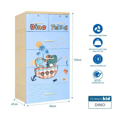 Tủ nhựa 5 tầng Qui Phúc KID màu xanh dương mẫu Dino Fishing KT 600 x 470 x 1300 mm _ Juno Sofa hàng lắp sẵn