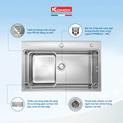 Chậu rửa bát Konox, Overmount Series, Model KN7548SO, Inox 304 cao cấp, 750*480*230mm, Hàng chính hãng