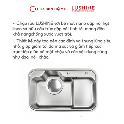 Bộ chậu rửa chén INOX 304 LUSHINE D002 thiết kế hai ngăn, bề mặt Nano Linen chống xước bền bỉ - Hoa Sen Home - Hàng chính hãng