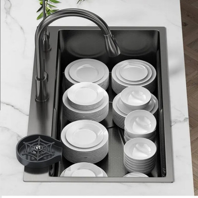 Bồn chậu rửa chén bát 1 hố lớn 78x46cm sus304 nano đen Valenza dày 3,5li kèm chậu phụ inox, bộ xả to ngăn mùi-Hàng chính hãng