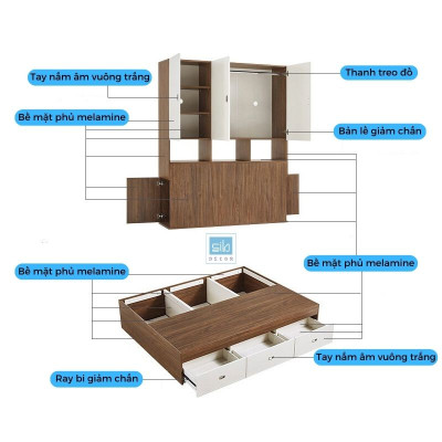 Giường Ngủ Liền Tủ Quần Áo Tích Hợp Kệ Đầu Giường Thông Minh Màu Walnut Phối Trắng SIB Decor GN03