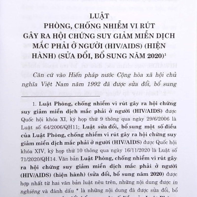 Luật Phòng, Chống Nhiễm Vi Rút Gây Ra Hội Chứng Suy Giảm Miễn Dịch Mắc Phải Ở Người (HIV/AIDS) (Hiện Hành) (Sửa Đổi, Bổ Sung Năm 2020)