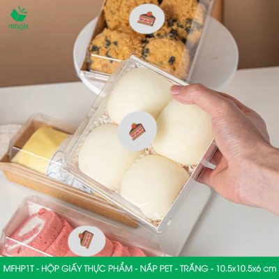 MFHP1T - 10.5x10.5x6 cm - 50 hộp giấy thực phẩm màu trắng nắp Pet, hộp giấy vuông đựng thức ăn, hộp bánh nắp trong