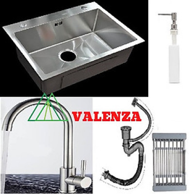 Combo chậu rửa chén bát inox 1 hố 6045, vòi rửa bát inox nóng lạnh cổ ngỗng, bình xà phòng, rá inox, bộ xiphong ống xả chậu