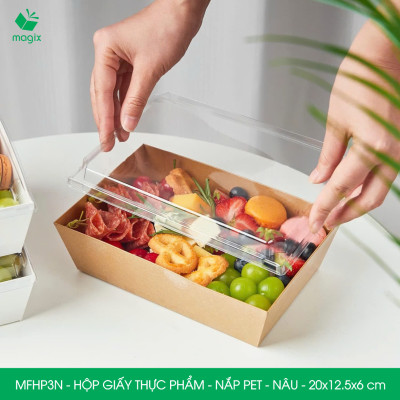 MFHP3N - 20x12.5x6 cm - 100 hộp giấy kraft thực phẩm màu nâu nắp Pet, hộp giấy chữ nhật đựng thức ăn, hộp bánh nắp trong