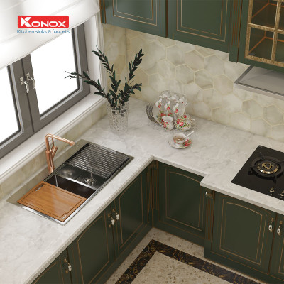 Chậu rửa bát Konox, Topmount Series, Model KN8850TD, Inox 304AISI tiêu chuẩn châu Âu, Hạ bậc tích hợp, 880x500x228(mm), Hàng chính hãng