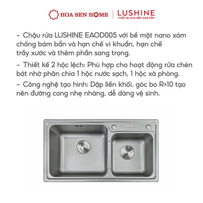 Bộ chậu rửa chén INOX 304 LUSHINE D005 công nghệ dập liền khối, bề mặt Nano xám sang trọng, chống xước bền bỉ - Hoa Sen Home - Hàng chính hãng