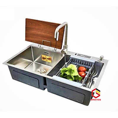 CHẬU RỬA BÁT, CHÉN 2 HỐ CÓ BÀN CÀI DAO, GIÁ ĐẺ THỚT GROVES 82x45 cm