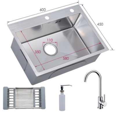 Combo chậu rửa chén bát inox 1 hố 6045, vòi rửa bát inox nóng lạnh cổ ngỗng, bình xà phòng, rá inox, bộ xiphong ống xả chậu
