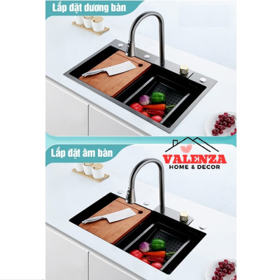 Bồn chậu rửa chén bát 1 hố lớn nano đen Valenza kèm vòi liền thác nước + vòi rút dây 3 chế độ, 2 khay phụ inox, thớt gỗ, bộ xả to-Hàng chính hãng