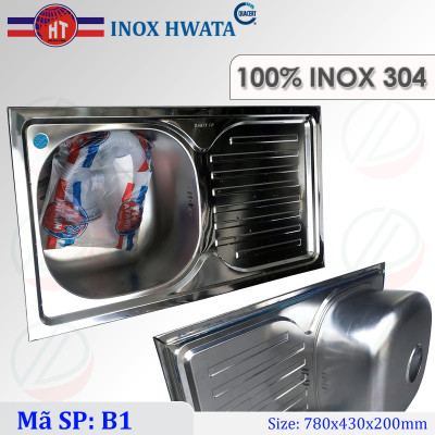 Chậu Rửa Chén Bát Chính Hãng HWATA B1 BD2 INOX 304 - Loại 1 hộc có bàn và 2 hộc, kích thước thông dụng kèm xi phông
