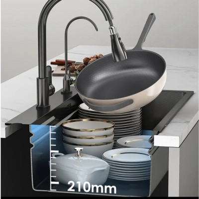 Bồn chậu rửa chén bát 1 hố lớn 78x46cm sus304 nano đen Valenza dày 3,5li kèm chậu phụ inox, bộ xả to ngăn mùi-Hàng chính hãng