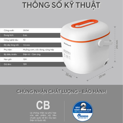 Nồi Cơm Điện Tử BlueStone RCB-5928 - 0.6 Lít - 350W - Điều Khiển Cảm Ứng - Hẹn Giờ - Giữ Ấm - Lòng Nồi 1.5mm - Bảo Hành 2 Năm - Hàng Chính Hãng