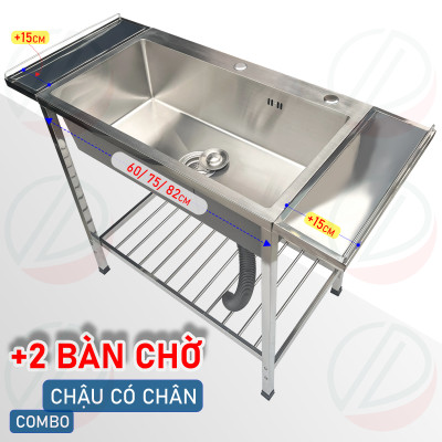 COMBO Chậu Rửa Bát Có Chân Kèm Kệ Úp Chén Đa Năng - Gồm chậu 1 hộc đơn nhiều kích thước, kệ chén 1 tầng, vòi lạnh Luxta và phụ kiện