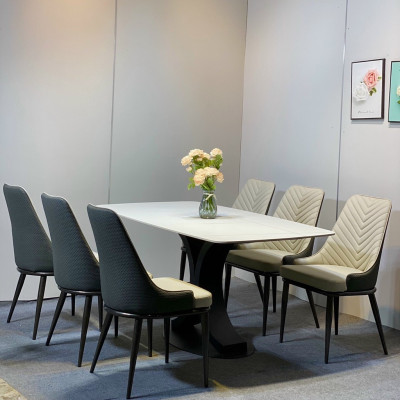 Bàn ăn mặt đá, bàn ăn mặt đá ceramic bóng chân sắt sơn đen tĩnh điện kết hợp ghế spine