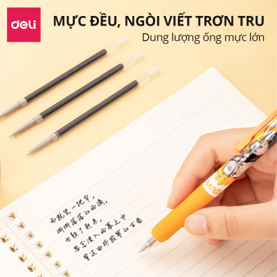 Bút Bi Nước Bút Gel Bút Mực Bấm Văn Phòng Deli Mực Đen Ngòi 0.35mm Học Sinh Mực Đều, Ngòi Nhỏ - Có Ruột Thay Thế