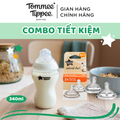 Combo Bình Sữa Tommee Tippee Natural Start Ty Siêu Mềm Tự Nhiên 340ml & Núm Ty Silicon Thay Thế 6M+