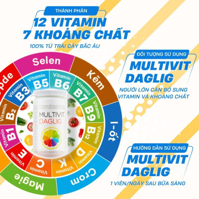 [Loại tốt] Thực phẩm bảo vệ sức khỏe Multivit Daglig, hỗ trợ bổ sung 12 vitamin và 7 khoáng chất Na Uy, lọ 180 viên