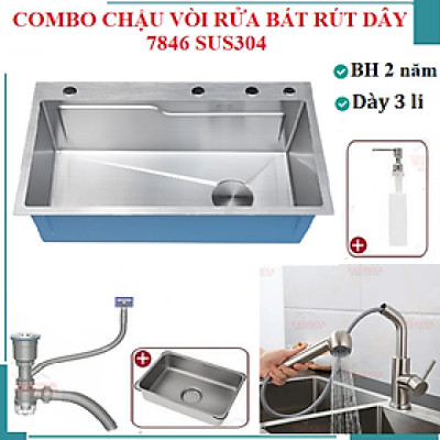 Combo chậu rửa chén bát 1 hố lớn Valenza size 7846 inox 304 kèm vòi rửa bát rút dây Valenza RT-02 inox 304, bộ xả to ngăn mùi, khay inox kín-TẶNG BÌNH NƯỚC RỬA CHÉN