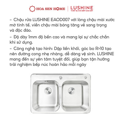 Bộ chậu rửa chén INOX 304 LUSHINE D007 công nghệ dập liền khối, thiết kế hai ngăn tiện lợi, bề mặt chống xước bền bỉ - Hoa Sen Home - Hàng chính hãng