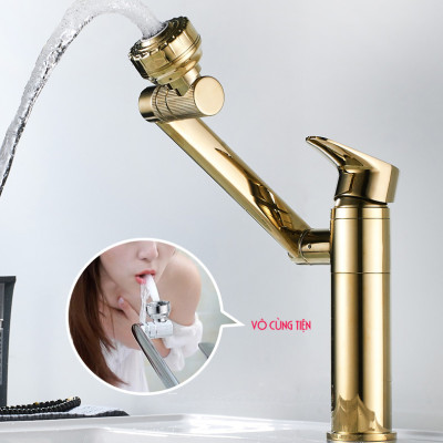 Vòi rửa mặt Lavabo cổ xoay 720 độ đa chiều, củ đồng, thân cao, mạ vàng, điều chỉnh nhiều chế độ tia nước Minh House