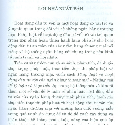 Pháp luật về hoạt động đấu tư vốn của ngân hàng thương mại - Những vân đề lý luận và thực tiễn