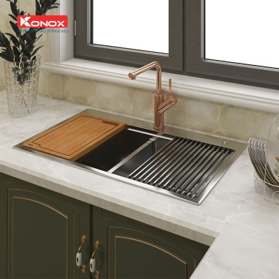Chậu rửa bát Konox, Topmount Series, Model KN8250TD, Inox 304AISI tiêu chuẩn châu Âu, Hạ bậc tích hợp, 820x500x228(mm), Hàng chính hãng