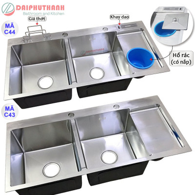 Chậu Rửa Bát Inox Cao Cấp KAZTA KZ-C43 C44 Loại 2 Hộc 1 Cánh - Kích thước 100x48cm rộng rãi tiện dụng