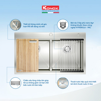 Chậu rửa bát Konox, Topmount Series, Model KN8850TD, Inox 304AISI tiêu chuẩn châu Âu, Hạ bậc tích hợp, 880x500x228(mm), Hàng chính hãng