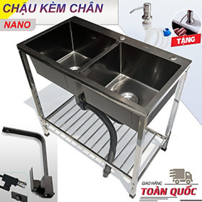 COMBO Chậu Rửa Chén Bát Inox Phủ Nano 2 Hộc KAZTA Có Kệ Chân Kèm Vòi Xoay 360 - Dài 82cm Rộng 45cm Cao 81cm, đầy đủ xi phông