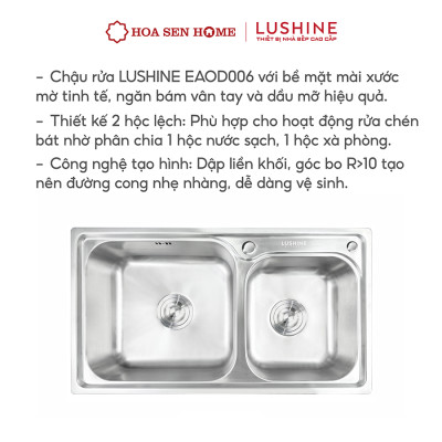 Bộ chậu rửa chén INOX 304 LUSHINE D006 công nghệ dập liền khối, thiết kế hai ngăn tiện lợi, bề mặt chống xước bền bỉ - Hoa Sen Home - Hàng chính hãng