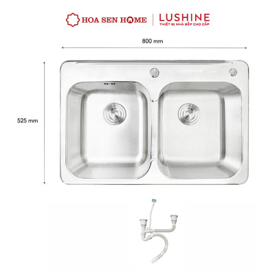 Bộ chậu rửa chén INOX 304 LUSHINE D007 công nghệ dập liền khối, thiết kế hai ngăn tiện lợi, bề mặt chống xước bền bỉ - Hoa Sen Home - Hàng chính hãng