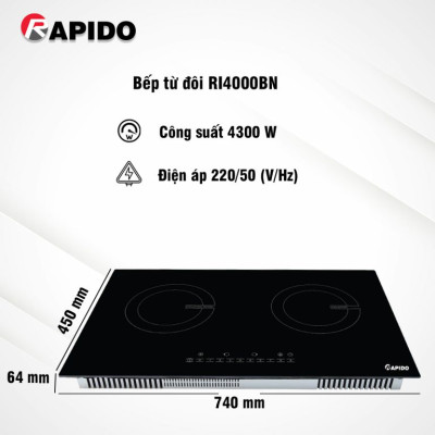 Bếp từ đôi Rapido RI4000BN 4000W 9 cấp độ công suất, công nghệ inverter tiết kiệm điện, bảo hành 24 tháng - Hàng chính hãng