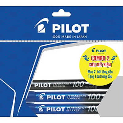 Combo Pilot 02 : 2 bút lông dầu Permanent 100 mực xanh +1 bút lông dầu Permanent 100 mực đen
