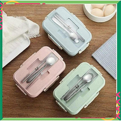 HỘP CƠM LÚA MẠCH 1 tầng 3 NGĂN KÈM ĐŨA THÌA INOX