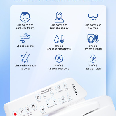 Nắp Bồn Cầu Điện Tử LUVA Bidet LB625 Điều Khiển Cảm Ứng Tiếng Việt, Đổi Lỗi 100 Ngày, Sấy Khô, Chống Nước IPX5, Sấy Vành Ngồi, Chế Độ Rửa Trẻ Em