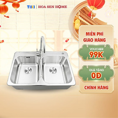 Bộ chậu rửa chén INOX 304 LUSHINE D007 công nghệ dập liền khối, thiết kế hai ngăn tiện lợi, bề mặt chống xước bền bỉ - Hoa Sen Home - Hàng chính hãng