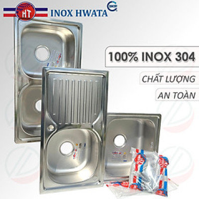 Chậu Rửa Chén Bát Chính Hãng HWATA B1 BD2 INOX 304 - Loại 1 hộc có bàn và 2 hộc, kích thước thông dụng kèm xi phông