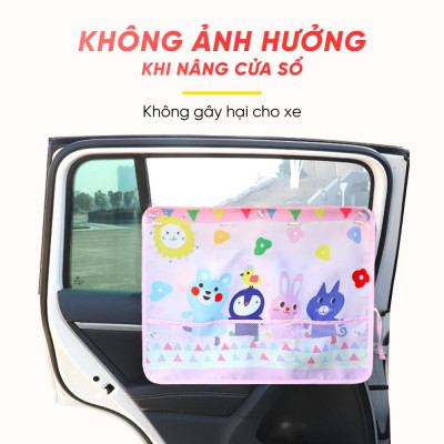 Rèm Vải Che Nắng Ô Tô Hàn Quốc Phối Hình Dễ Thương Có Gắc Hút