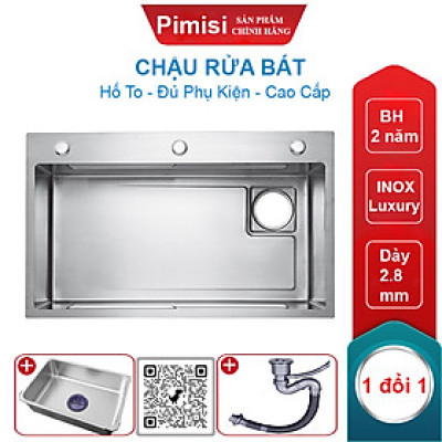 Chậu Rửa Bát Inox 1 Hố To Pimisi PB-7846 Luxury Làm Từ Thép Không Gỉ Inox Cao Cấp Kiểu Ngăn Lớn 1 Hộc, Kèm 1 Khay Bồn Rửa Chén Nhỏ Đơn Phụ Gác Chậu -  Tháo Rời Với Đầy Đủ Phụ Kiện Xi Phông, Gắn Được Cả Bán Âm - Dương Bàn Đá Bếp | Hàng Chính Hãng