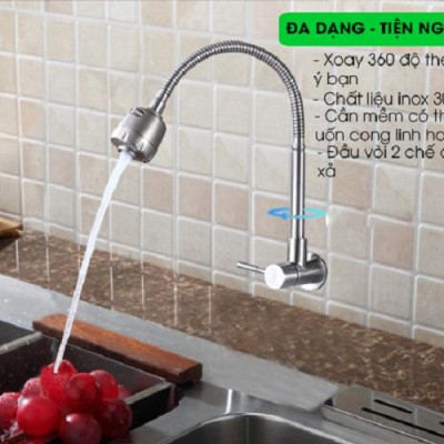 Vòi nước rửa chén bát Inox 304 Cắm Tường Cần mềm - Bát sen 1 Đường Nước (bảo hành 12 tháng)