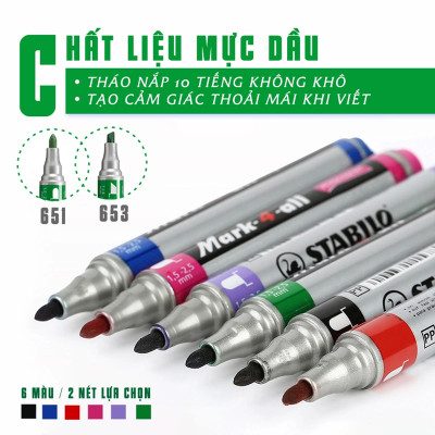 Bộ bút lông dầu STABILO Mark-4-all PERMANENT - Bộ 3 bút đầu vuông xanh + đen + đỏ (MK653-C3A)