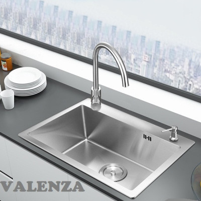 Combo chậu rửa chén bát inox 1 hố 6045, vòi rửa bát inox nóng lạnh cổ ngỗng, bình xà phòng, rá inox, bộ xiphong ống xả chậu